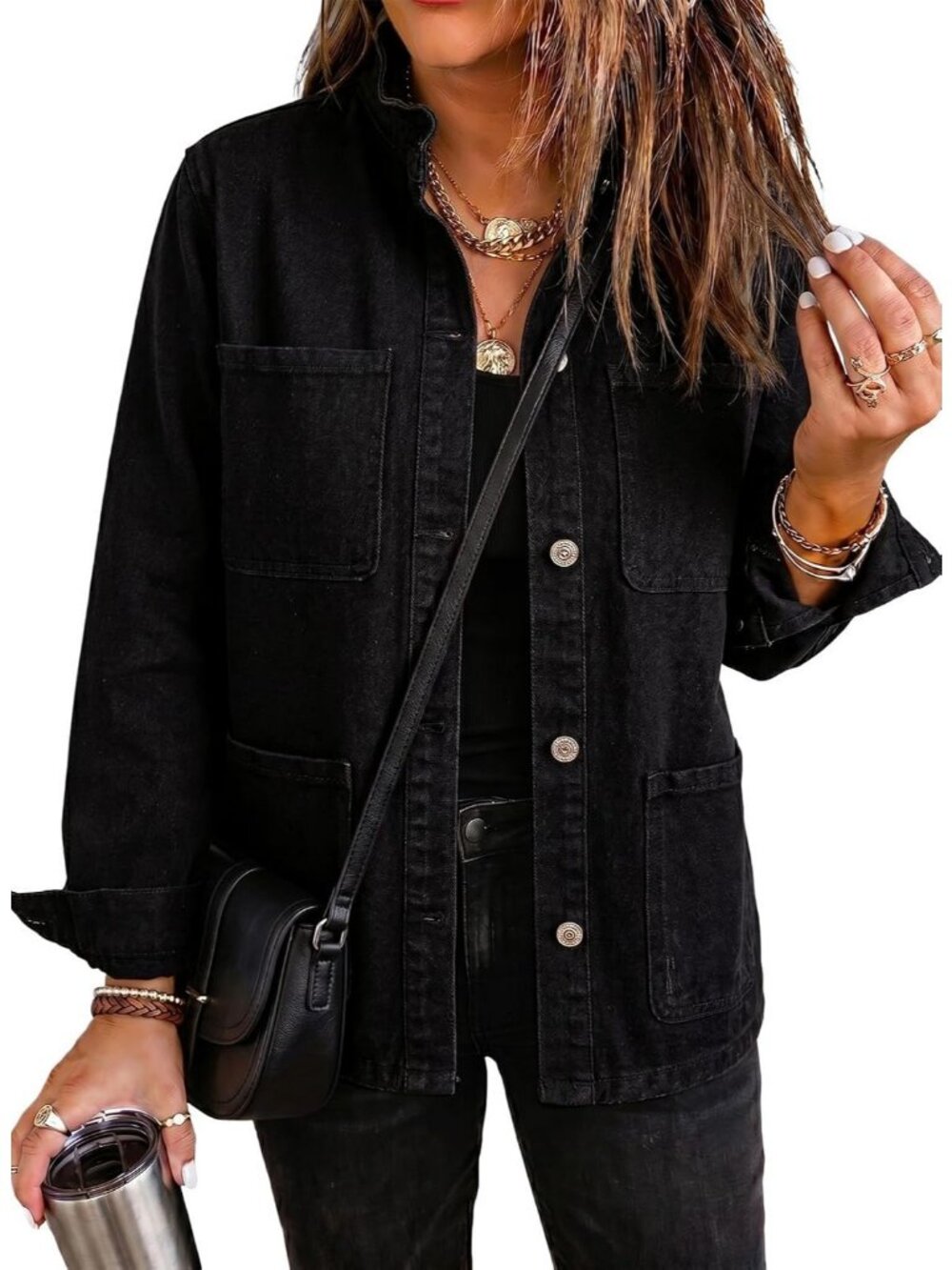 Women's Black Button Down Ruffle Casual Oversized Cropped Jacket with Pockets